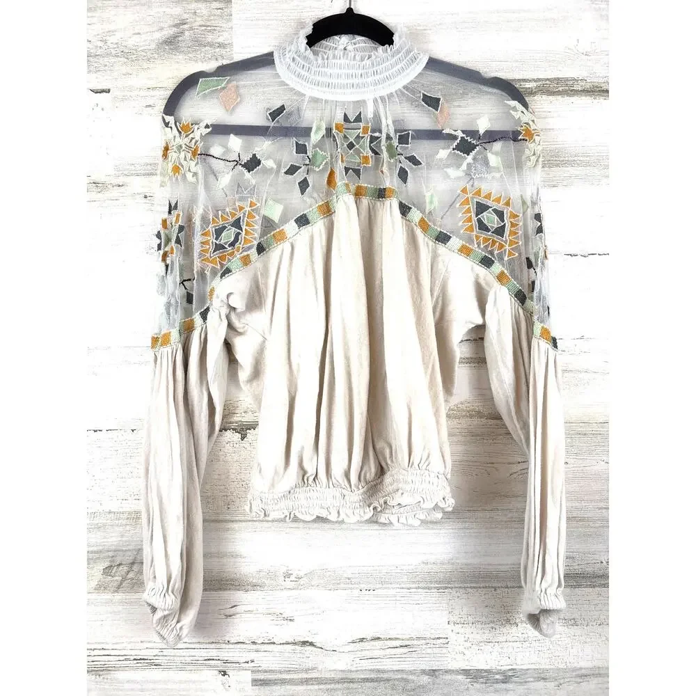 Free People Womens S Cream Monday Morning Embroidered Cotton Lace Top Boho